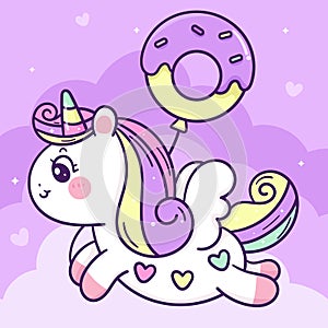 Painting Unicorn flat Pegasus with donut balloon party pony cartoon on cloud animal fairy kawaii illustration