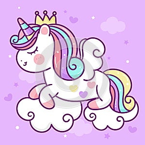 Painting Unicorn flat princess Pegasus sleep pony cartoon on cloud animal habitat fairy kawaii illustration