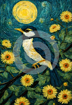 A painting in Van Gogh style of a bird on a branch with flowers and moon, fantasy art, animal design
