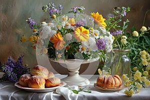Painting of Vase of Flowers and Pastries on Table