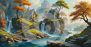 A painting of a village with a river and a waterfall, featuring two houses on either side of the river.