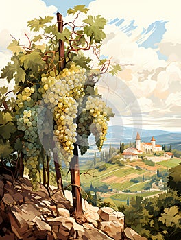 A Painting Of A Vineyard With A Castle In The Background