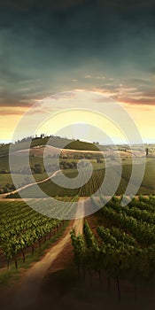 A painting of a vineyard with a mountain in the background.