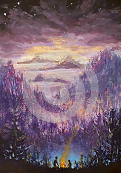 Painting of violet mountains and islands, vegetation, dawn, abstract landscape, mystical nature, post-apocalypse, sunset. Watercol