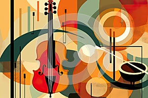 A painting of a violin and a cup of coffee. Generative AI image.