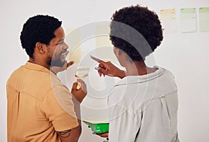 Painting, wall or happy black couple in DIY, home renovation or house remodel together with a paintbrush. Back view