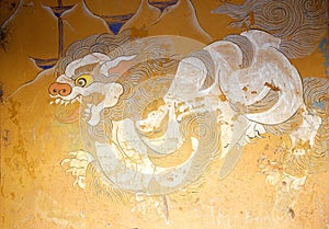 Painting at the Wangduechhoeling Palace ruins, Bumthang, Bhutan