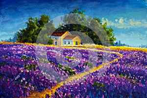 painting warm old rural house farmhouse in the purple lavender field