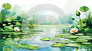 a painting of water lillies in a pond