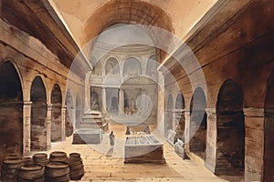 Painting of a watercolor drawing of the catacombs of rome.