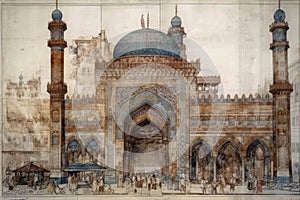 Painting from a watercolor drawing of the Great Mosque of Djenne.