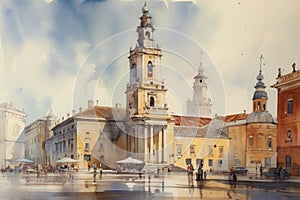 Painting from a watercolor drawing of the Piazza del Campidoglio.