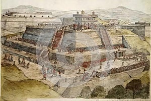 Painting from a watercolor drawing of the Templo Mayor de Mexico.