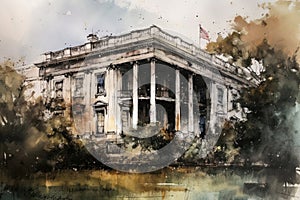 Painting from a watercolor drawing of The White House.