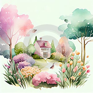 Painting watercolor landscape. Beautiful spring nature background