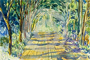 Painting watercolor landscape original colorful of tunnel trees