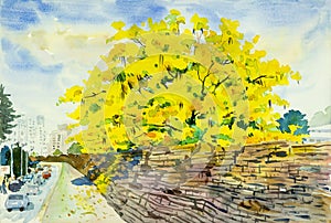 Painting watercolor landscape of golden tree flowers