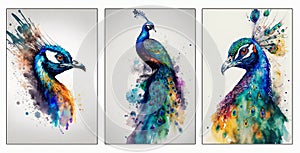 Painting watercolor peacock on branch wallpaper. colorful flowers 3d mural background. wall canvas poster art