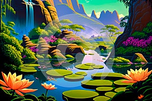 Painting of waterfall with lily pads in the foreground and mountains in the background. Generative AI