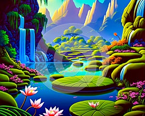 Painting of waterfall and lily pads in river with mountains in the background. Generative AI