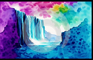 A painting of a waterfall on the watercolor background. Watercolor paint. Digital art, Generative AI