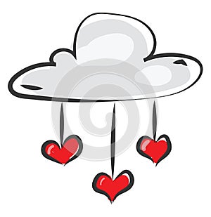 Painting of a white cloud pouring out red hearts vector or color illustration