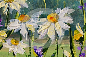 Painting of white daisies flowers, beautiful field flowers on canvas. Palette knife Impasto artwork.