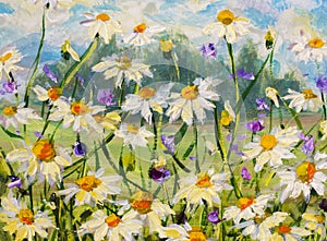 Painting of white daisies flowers, beautiful field flowers on canvas. Palette knife Impasto artwork. photo