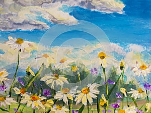 Painting of white daisies flowers, beautiful field flowers on canvas. Palette knife Impasto artwork. photo
