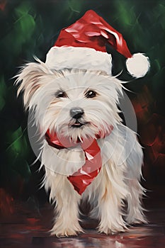 a painting of a white dog with a red and white christmas hat and scarf