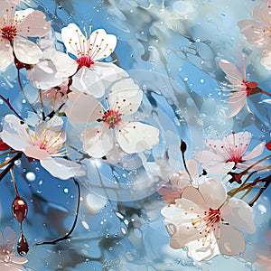 Painting of white flower buds against a blue background with dreamlike elements (tiled)