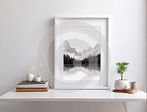 painting in a white frame on a table with various decorative elements