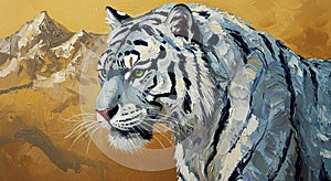 Painting of a white tiger with striking green eyes, created using bold brushstrokes, photo