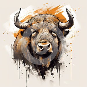 Painting of a wild buffalo on clean background. Wildlife Animals