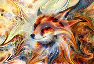 Painting of wild fox on paper. Fractal effect.