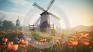 a painting of a windmill in a field of tulips