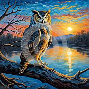 A painting of a wise owl on a wood, behind a beautiful lake, againts the sunset, reflection water, sky and clouds, forest