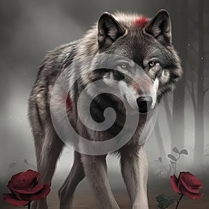 a painting of a wolf with blood on his face and nose and a rose in the foreground, with a dark background, with a single red rose