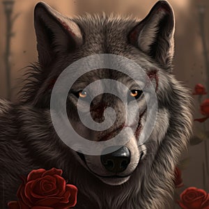 a painting of a wolf with blood on his face and a rose around his neck, with a rose in the foreground and a tree in the