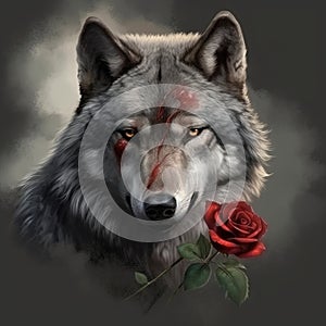 a painting of a wolf with blood on his face and a rose in his mouth, with a dark background, with a red rose in the foreground