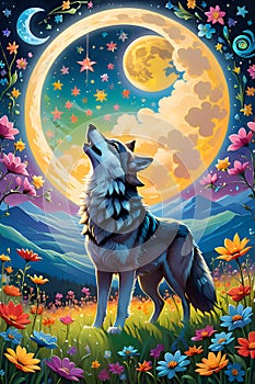 Painting, wolf, howling to the moon, field of flowed, stars, mountain