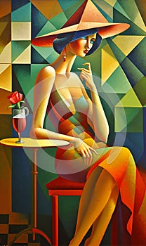 Painting a woman sitting in a chair, a cubist painting Generative AI