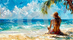 Painting of woman in straw hat sitting on beach looking out at the ocean. AI