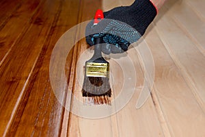 Painting wood door surface with a brush and paint in black gloves.