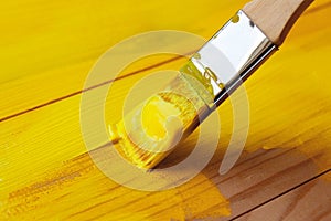 painting of a wooden board with a synthetic bristle brush with acrylic yellow paint