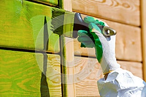 Painting wooden wall gloved hand with paint brush in green