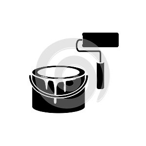Painting work. Paint roller and container. Vector icon.