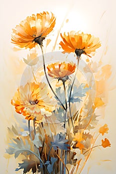 a painting of yellow flowers in a vase.Gouache Painting Thistle Marigold, Perfect for Wall Art.