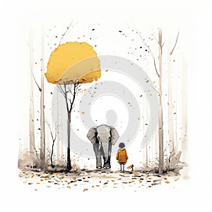 Painting of a young girl and an elephant walking together through a lush forest, AI-generated.