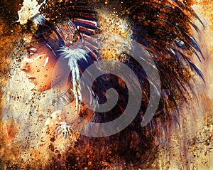 Painting of a young indian woman wearing a big feather headdress, a profile portrait on structured abstract background.